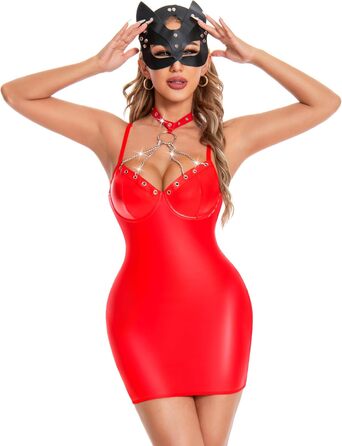 Жіноче шкіряне обтисле плаття Wetlook з металевим чокером, відкрита спина, без рукавів, червоне, розмір XXL