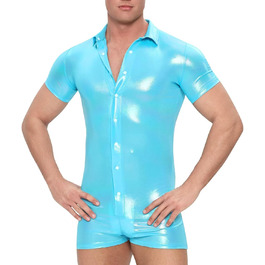 Чоловічий боді-піжама Landofgenie з короткими рукавами, металевий ефект, блакитний колір, розмір M