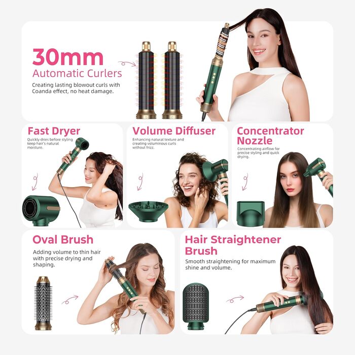 Мультифункціональний стайлер для волосся 7 в 1 Atopskins Airstyler Pro: фен з дифузором, круглі щітки, випрямляч та плойка для локонів Beach Waves, зелено-золотий