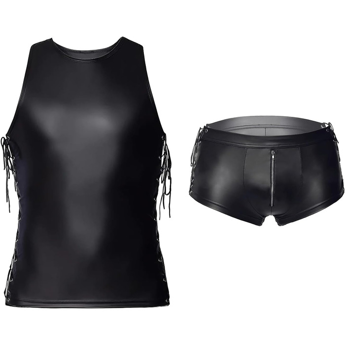 Чоловічий комплект: шкіряна жилетка, шорти, майка. Сексуальний набір для ночі. Чорний, без рукавів, облягаючий, для нічного клубу. Wetlook, комплект з 5 частин.