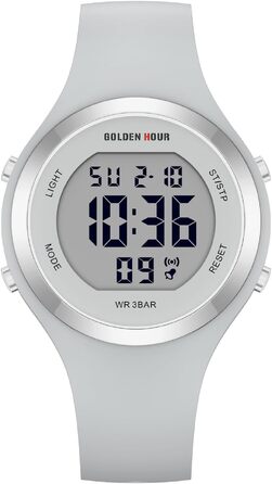 Жіночий спортивний годинник GOLDEN HOUR Digital Chronograph: водонепроникність 5ATM, силіконовий ремінець, з датою та підсвічуванням циферблата (Сірий)