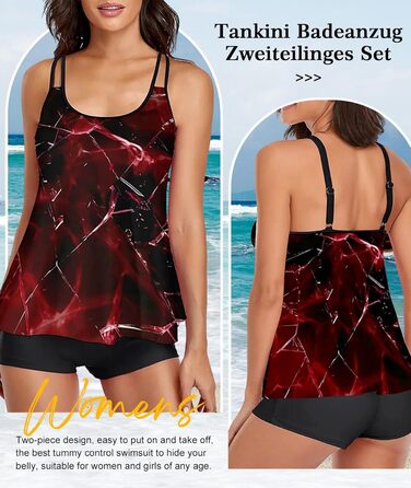 Танкіні жіночий купальник з шортами, комплект з двох частин, літній, чорний, червоний (S)
