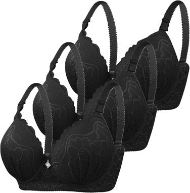 3 шт. бюстгальтерів CXCX для жінок з пуш-ап, кісточками, мереживом, регульованими бретелями, підтримка великих грудей, класичний комплект бюстгальтерів, зручна білизна, чорний, 105C