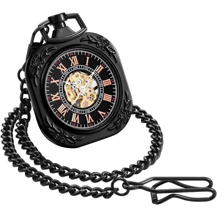 Механічний кишеньковий годинник ShoppeWatch з ланцюжком для чоловіків, ручний завод, прозорий циферблат у стилі стімпанк, чорний