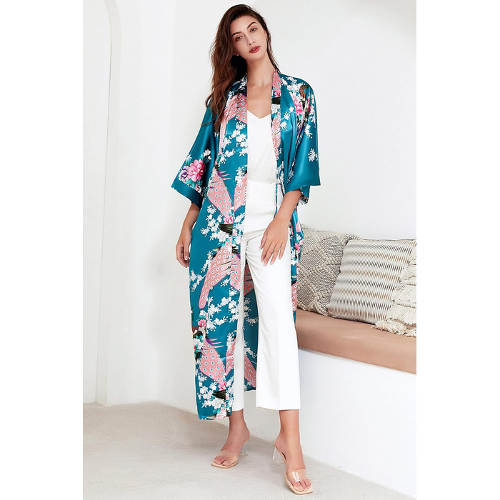 Халат жіночий довгий з атласу, квітковий принт, модель кімоно, Babeyond. Ідеально для дому, відпочинку та вечірок.