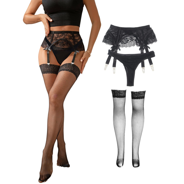 Жіночий корсетний пояс з мереживом Ohmydear з 4 кліпсами. Сучасний корсетний ремінь з високою талією, сексуальний набір спідньої білизни з панчішними галтелями. Розміри XS-4XL (1 упаковка - чорний корсетний пояс + панчішні мереживні панчохи, M-L)