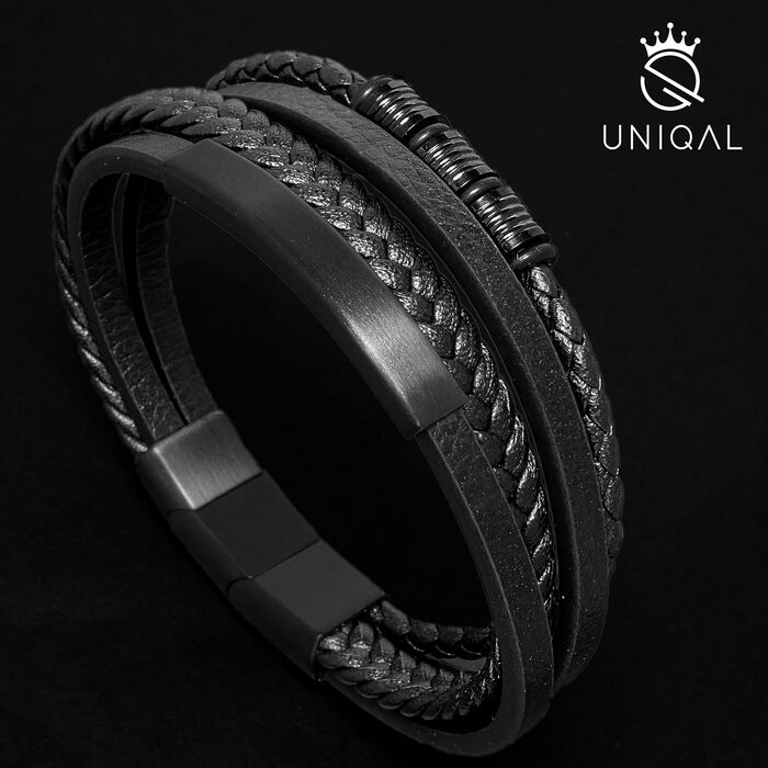 Шкіряний чоловічий браслет UNIQAL 'BLACK SHAPE' зі сталі та натуральної шкіри, 21 см, у подарунковій коробці, чорний