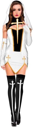 Костюм черниці для дорослих: сексуальний набір для косплею, Хелловін, вечірка. Білий костюм + шапка + рукавички + панчохи (L)