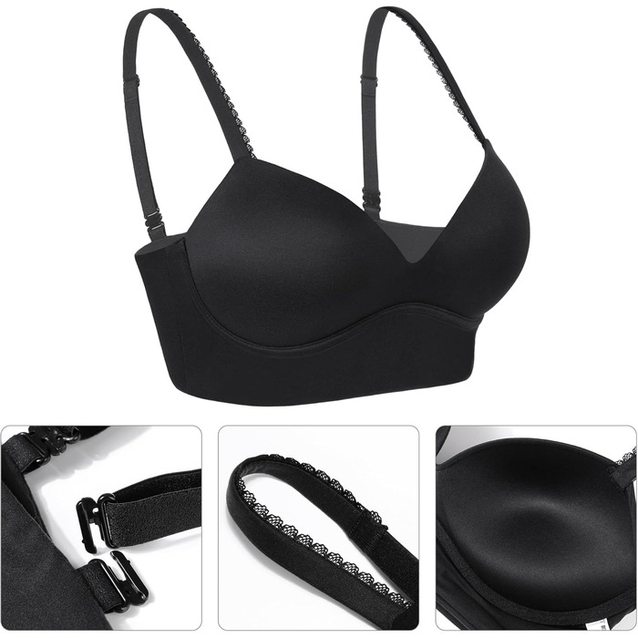 Трусики Lemorosy BH для жінок без кісточок, Push Up, безшовні, з глибоким V-подібним вирізом, класичні, зручні, повсякденні, бюстгальтер з широкими бретелями, 90C, чорний