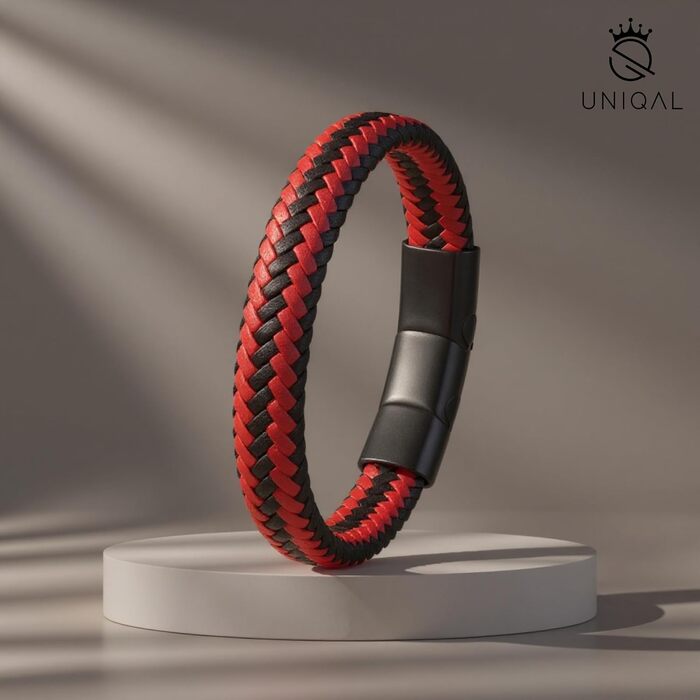 Чоловічий шкіряний браслет UNIQAL 'BRAID' з плетення та нержавіючої сталі, червоно-білий, 21 см, у подарунковій коробці