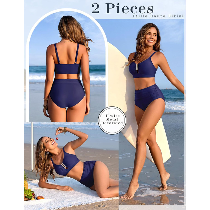 БІКІНІ Daen Set Push Up з високою талією, суцільний двочастинний купальник, сексуальний металевий U-подібний виріз з бантиком, жіночий купальник для плавання (Темно-синій, XXL)