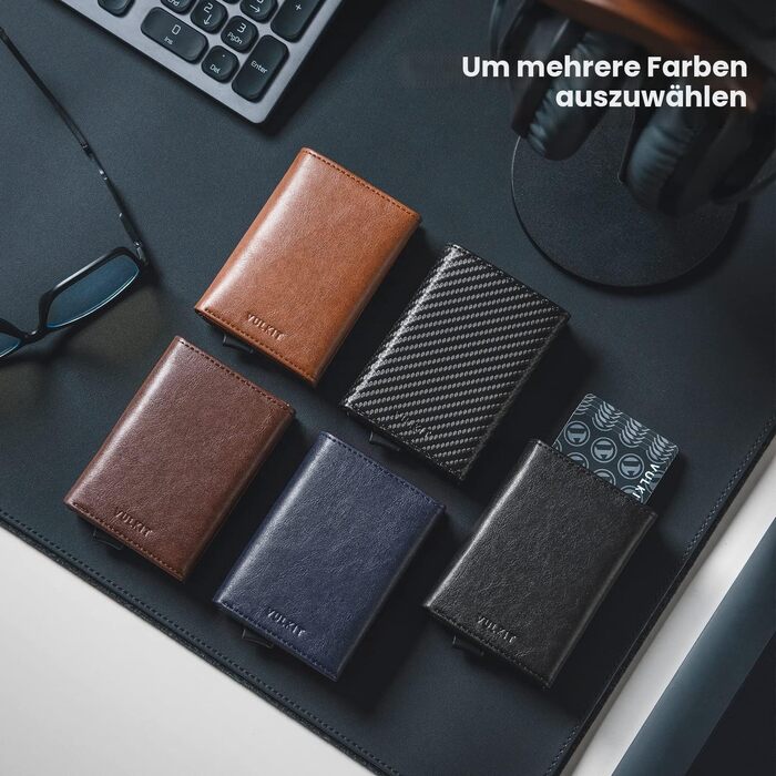 Шкіряний картхолдер VULKIT для чоловіків з Pop-up механізмом, RFID-захистом, відділенням для купюр та вікном для ID-картки, чорний