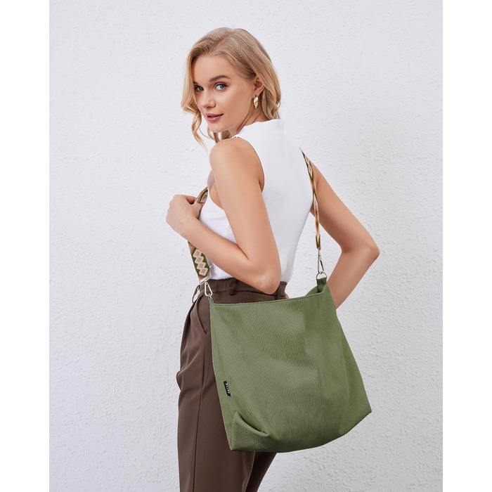 Жіноча сумка-шопер Prite великого розміру з вельвету, сумка Tote Bag з регульованим плечовим ременем для навчання, роботи, подорожей та покупок (Зелена)