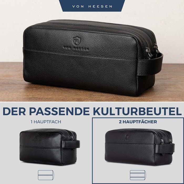 Шкіряна косметичка для подорожей VON HEESEN — універсальна сумка для аксесуарів та гігієни з 2-ма відділеннями, натуральна шкіра, чорна, великий розмір