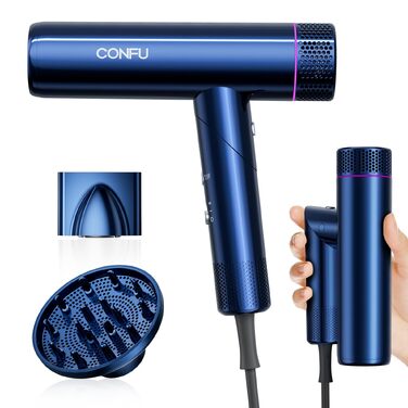 Професійний іонний фен для волосся CONFU 1700W, складаний фен з магнітним дифузором та стилізуючою насадкою, низький рівень шуму, синій