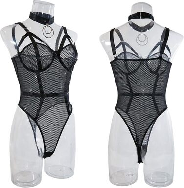 Комплект білизни SINROYEE: Боді-боди з мереживом та шкіряними вставками, пуш-ап бюстгальтер, чорний (S)