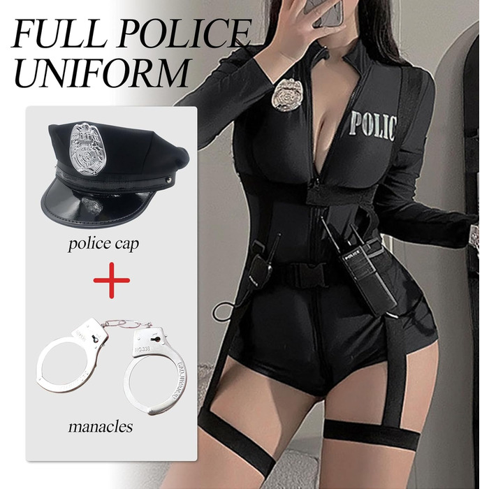 Костюм поліцейського 3-в-1 BDSMJOY для жінок, сексуальний косплей поліцейської, аксесуари: наручники, капелюх, чорний, XXL