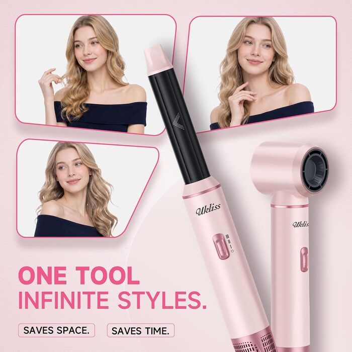 Мультистайлер для волосся 5 в 1 UKLISS Airstyler: фен, вирівнювач, круглі щітки та локони, чорний/рожевий