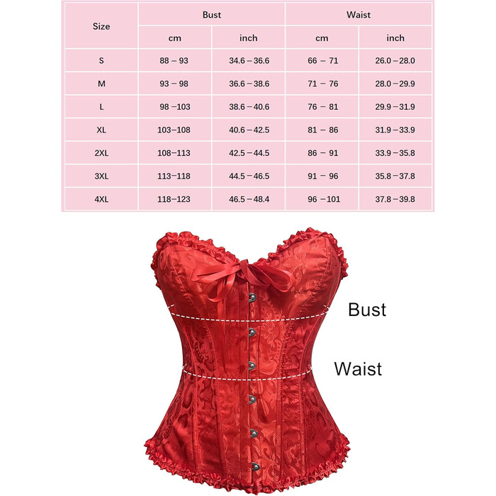 Корсет для жінок з повним бюстом, корсаж, готичний стиль, вінтаж, сатин з квітковим візерунком, бюстєль, топ-корсет для Хелловіну та карнавалу, S- (Червоний, 3XL)