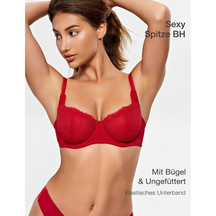 Бюстгальтер Wingslove з кісточками, мереживний балконет, прозорий, для жінок, Dirndl, напівчашка, сітка (Lava-red, 85D)