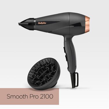 Фен для волосся BaByliss Smooth Pro 6709DE з дифузором, 2100 Вт, іонна технологія проти пухнання, 3 температурні режими, чорний