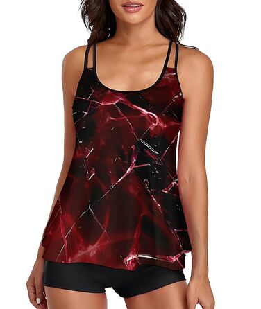 Танкіні жіночий купальник з шортами, комплект з двох частин, літній, чорний, червоний (S)