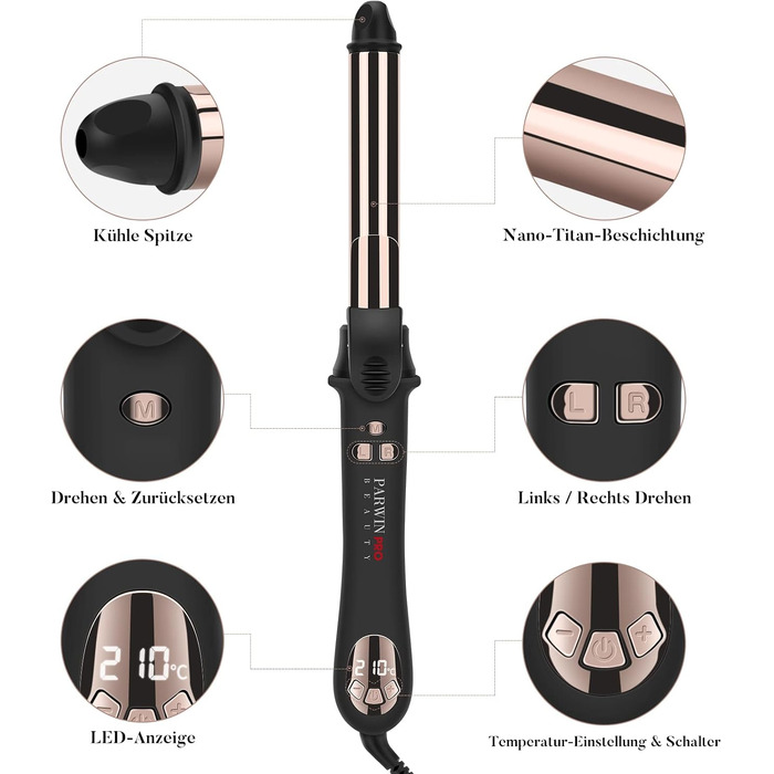 Автоматичний плойка-стайлер для волосся PARWIN PRO BEAUTY 32мм, ротаційний завитьок з нано-титановим покриттям та LCD-дисплеєм, 120-210°C