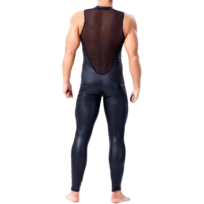 Боді з латексу для чоловіків, чорний, XL. Латексний костюм з сіткою, цілісний, з довгими рукавами, для клубів, штучна шкіра.