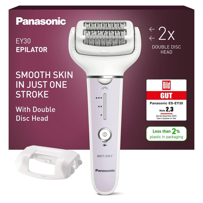Епілятор Panasonic ES-EY30 2-в-1 для вологого та сухого використання, Dual Disc (60 пінцетів), поворотна головка 90°, 3 швидкості, LED-підсвітка, бездротовий