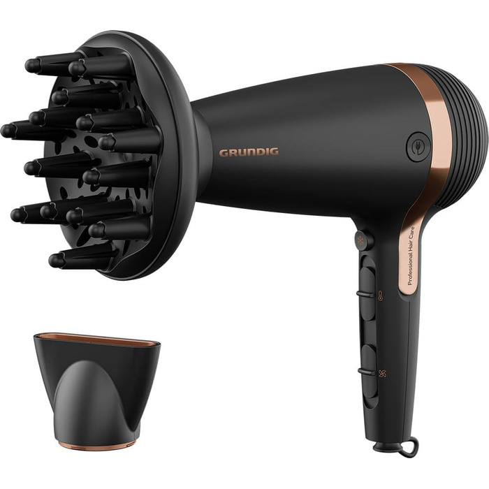 Фен для волосся Grundig Naturashine HD 7081, 2100 Вт, з іонізацією, керамічним покриттям з олією макадамії та кокоса, автоматичним змотуванням кабелю, чорний/рожеве золото