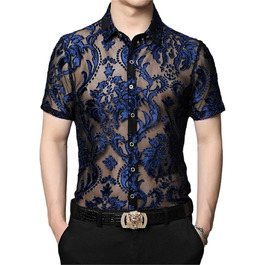 Чоловіча сорочка Sawmew, сітка, прозора, коротка, для клубів, мереживна, блакитна S