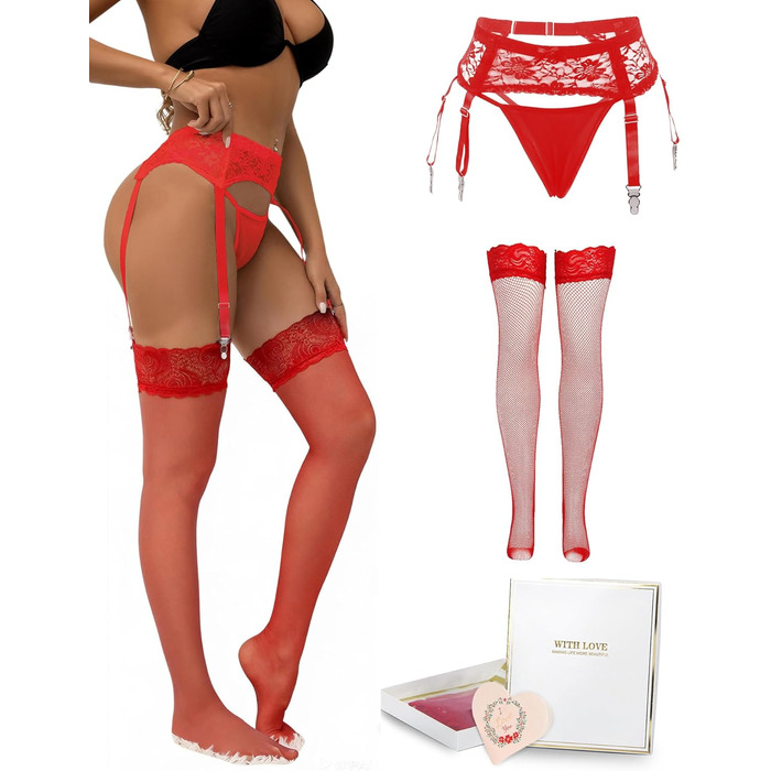 Жіночі мереживні стрінг-тримачі для панчіх з широким поясом та 4 кліпсами, сексуальні стрінг-тримачі великих розмірів, прозома білизна, жіночий набір, регульовані стрінг-тримачі з танго, галстук для панчіх, підвіски (M-L, 2шт - червоний стрінг-тримач + па