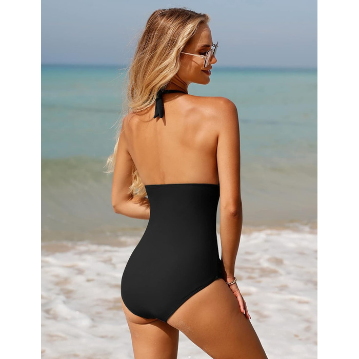 Чоловічий купальник Badeanzug Damen Bauchweg Rückenfrei Shape Badeanzüge Neckholder Sexy Push Up Bademode mit Cups M Schwarz