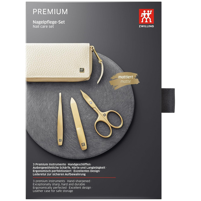 Манікюрний набір ZWILLING Premium Gold Edition (3 предмети) у шкіряному чохлі, дорожній набір для догляду за нігтями