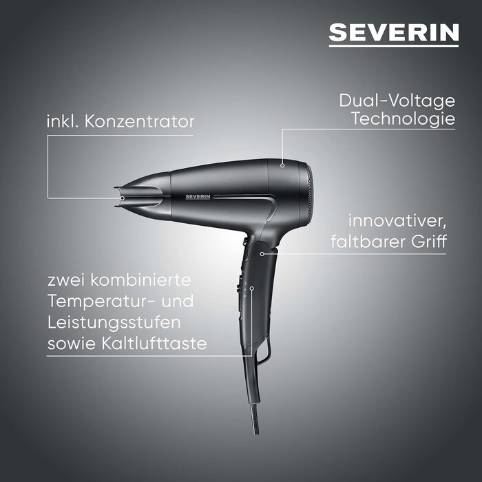 Фен для волосся Severin HT 0165 з автоматичним змотуванням кабелю, 2100 Вт, з дифузором та концентратором, чорний
