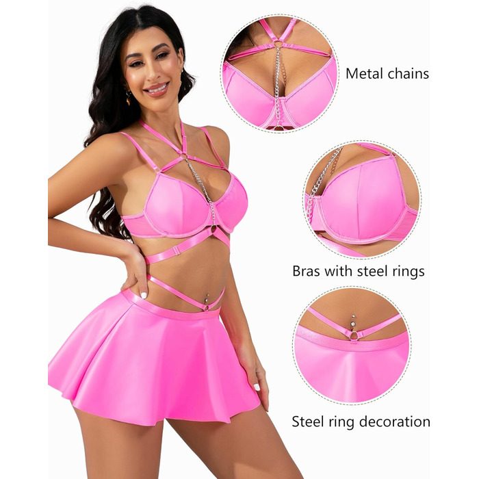 Костюм Evelife Daen: Сукня з еластичної шкіри, бюстгальтер Push Up, сет для вечірок та клубів (Рожевий, M)