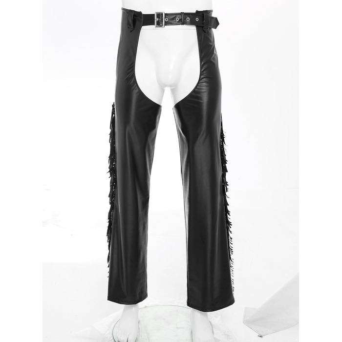 Костюм ковбоя з еластичної шкіри TTAO для чоловіків: штани з відкритим кроком, з бахромою та пряжкою, чорного кольору