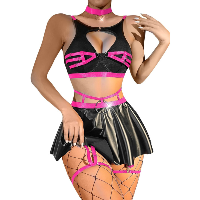 Комплект сексуальної білизни: панчохи, чокер, галстук-стріжку, бюстгальтер з кісточковою підтримкою, спідниця - 5 предметів. Чорний/Гарячий рожевий