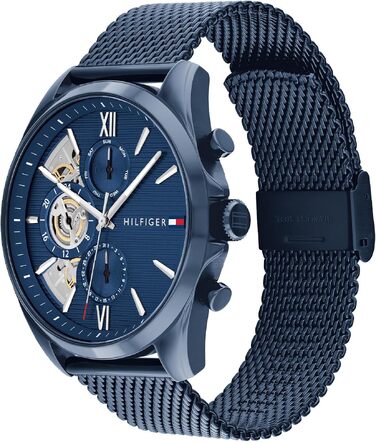 Чоловічий кварцовий годинник Tommy Hilfiger з багатофункціональним циферблатом, сталевим браслетом та шкіряним ремінцем (Blue, Mesh)