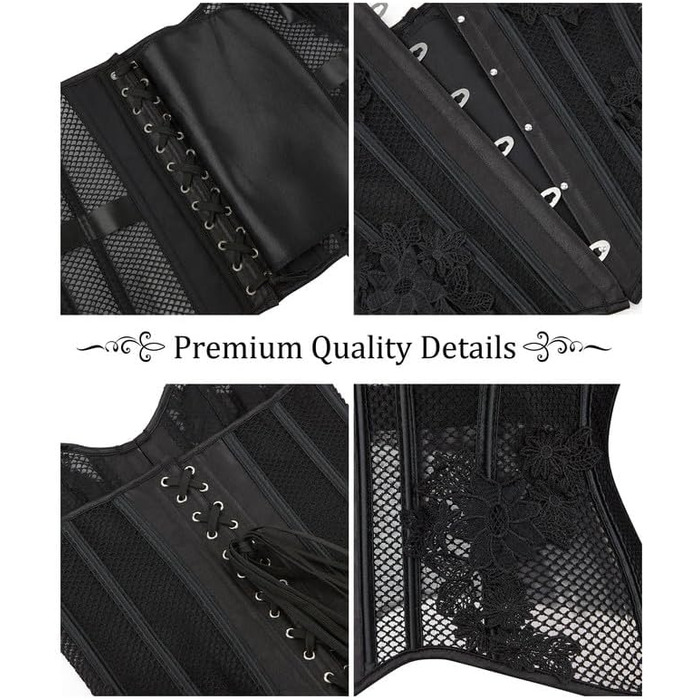 Кросів-топ корсет Dreay для жінок, чорний XXL: дихаючий мереживний сатин, шнуровка, тренажер для талії