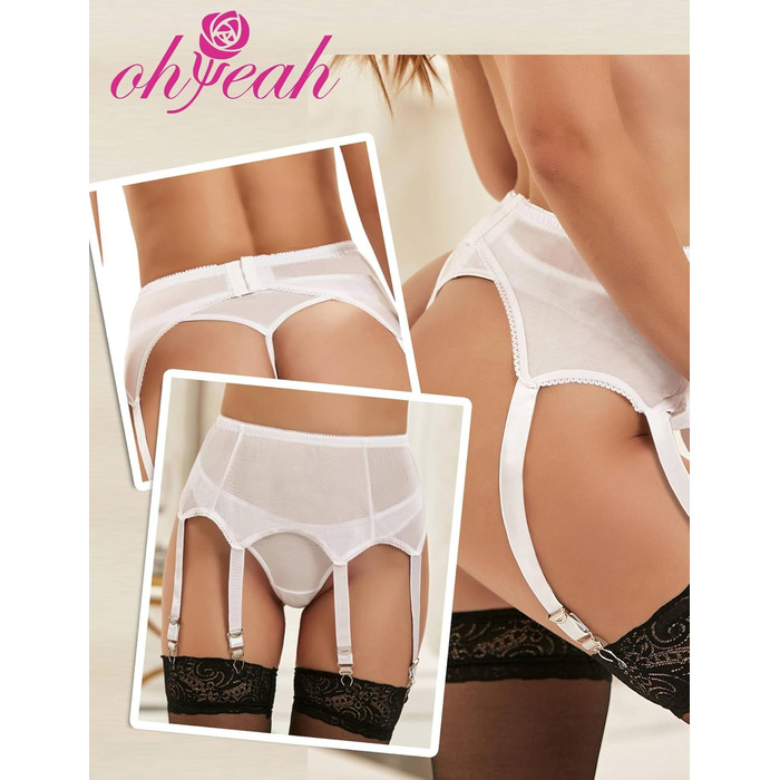 Набір стрічок для панчіх Ohyeah з високою талією, мереживо, сітка, ремінці з 6 металевими кліпсами, білий/розкішний сад, XS-S