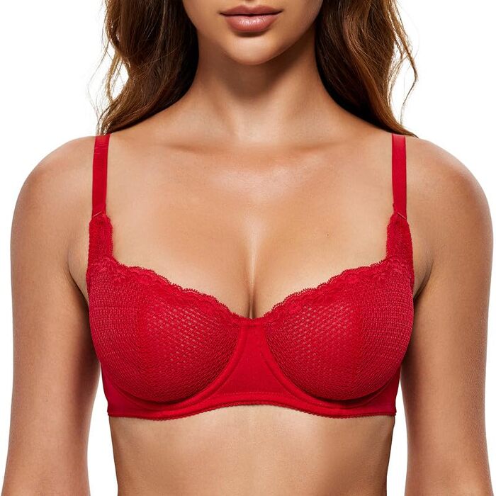 Бюстгальтер Wingslove з кісточками, мереживний балконет, прозорий, для жінок, Dirndl, напівчашка, сітка (Lava-red, 85D)