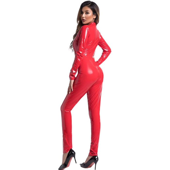 Комбінезон з латексу OuLen для жінок, PVC, еластичний, на блискавці, червоний, 3XL