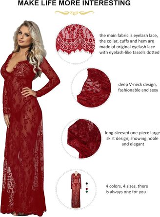 Сукня жіноча сексуальна мереживна з довгим рукавом V-подібний виріз, прозора, для вагітних, піжама, спідня білизна з G-стрінгом (XL-XXL, Червоний)