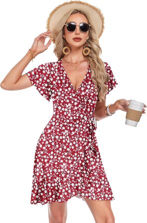 Сукня Soerkleid Daen з V-поглибленням, обгортка, висока талія, квіткова (червона, XL) - Літня пляжна сукня