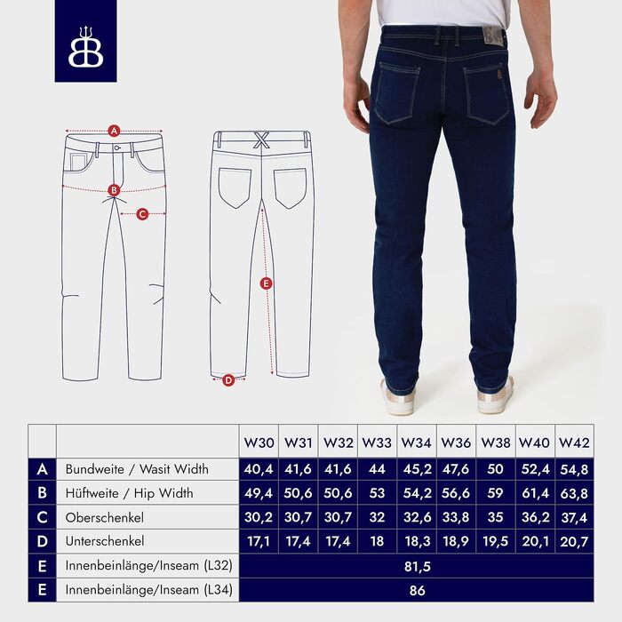 Чоловічі джинси BARBONS Regular-Fit Stretch — класичні прямі джинси синього кольору для бізнесу та відпочинку, 36W / 32L