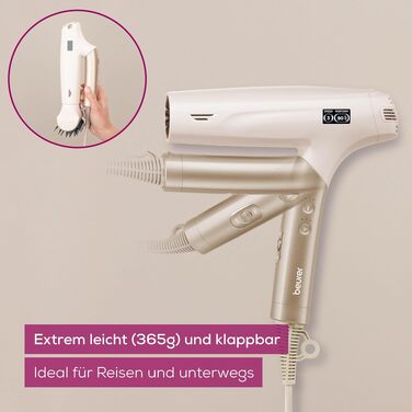 Фен для волосся Beurer HC 150 FusionDry Pro з цифровим двигуном, іонізацією та складаним ручкою, 4 насадки для стайлінгу, компактний дорожній