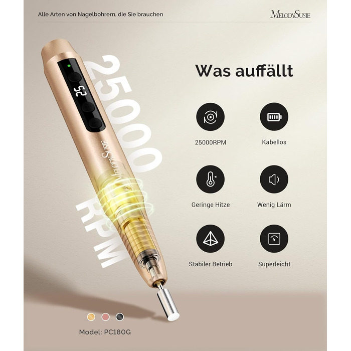 Професійний бездротовий апарат для манікюру та педикюру MelodySusie PC180G, електрична пилка для нігтів 25000 об/хв, 25 рівнів швидкості, LED-дисплей (Золотий)
