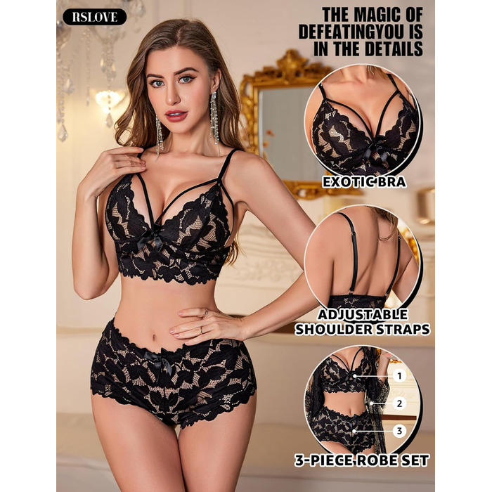 RSLOVE Комплект спідньої білизни з мереживом - сексуальна нічна сорочка, бюстгальтер та труси, темно-синій (S, Чорний)