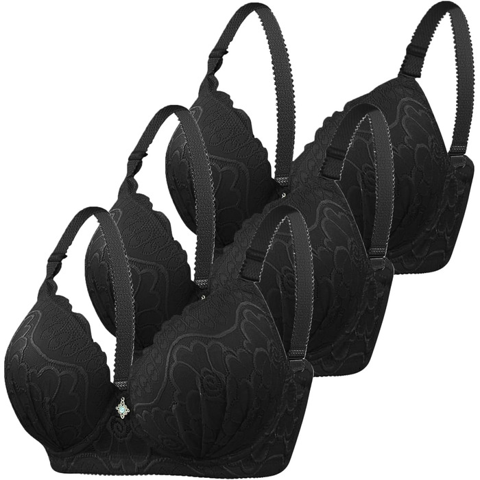 3 шт. бюстгальтерів CXCX для жінок з пуш-ап, кісточками, мереживом, регульованими бретелями, підтримка великих грудей, класичний комплект бюстгальтерів, зручна білизна, чорний, 105C